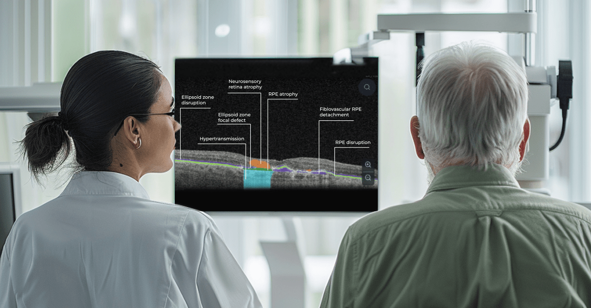 AI in eye care: patient education through doctor explanation to patient color coded OCT scan, segmented by Altris AI, AI for OCT